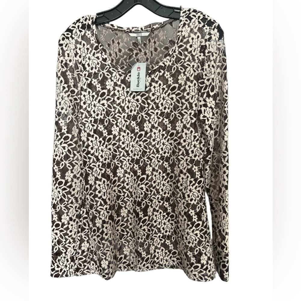 BKE/Buckle Lace Cream And Brown Scoop Neck Top Size Large